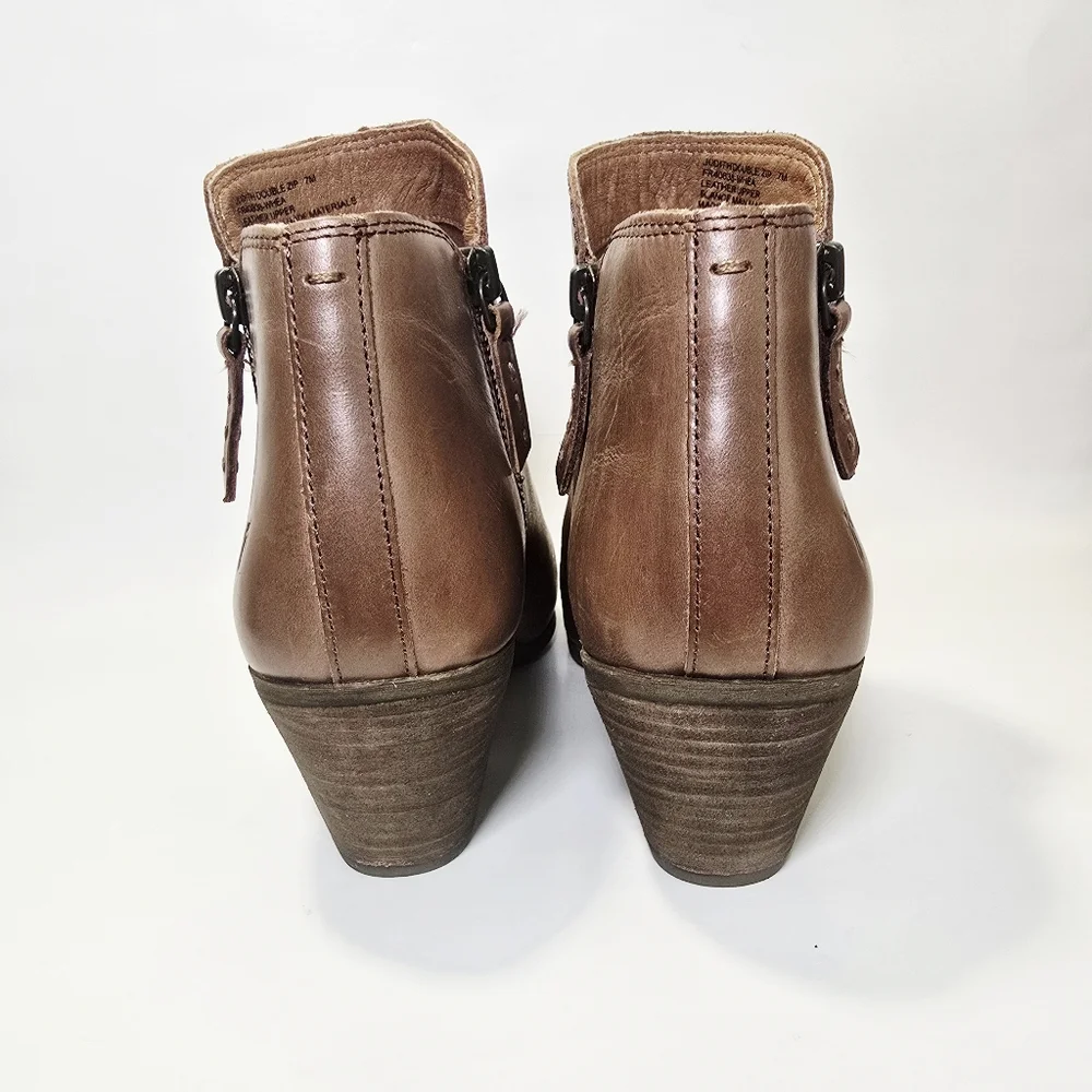 FRYE Judith Double Zip Brown Leather Almond Toe Ankle Boots